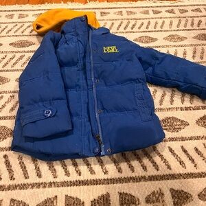 Blue Puffer Jacket with Yellow Hood